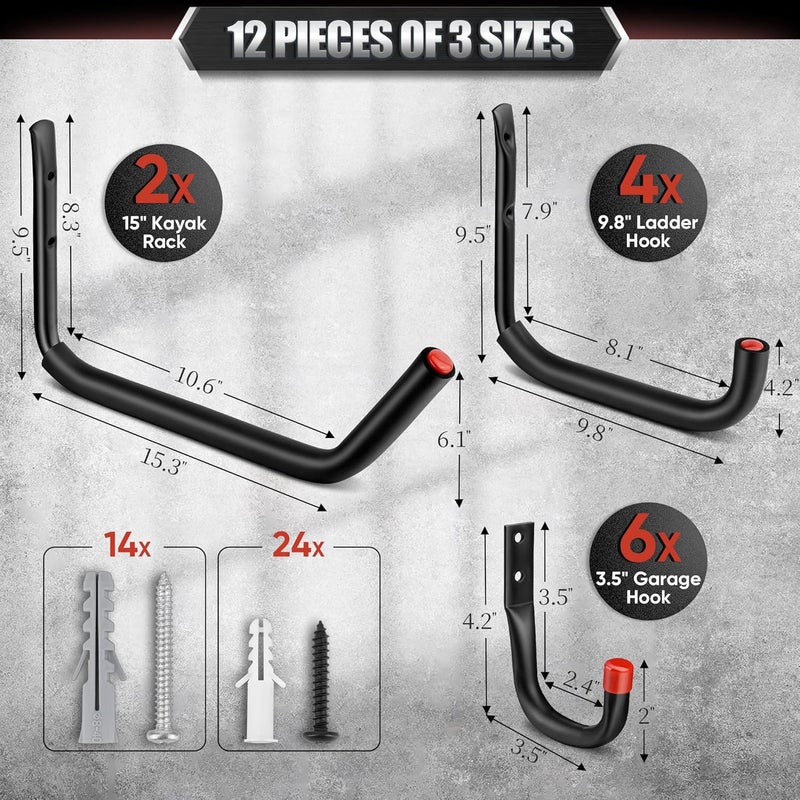 Nacial 12 Pack Garage Hooks Heavy Duty, 15" & 9.8" & 3.5" Kayak Storage Hook with EVA Pads, 100LBS Capacity Garage Hooks for Hanging Bikes, Kayak Folding Chairs and Hanging Ladders - Image 2